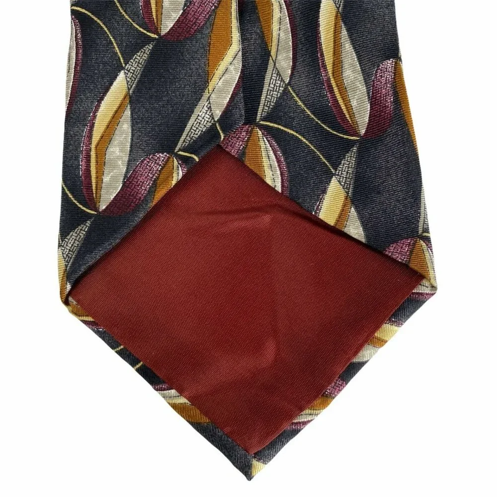 George Machado Black Maroon Yellow Tan Silk Tie‎